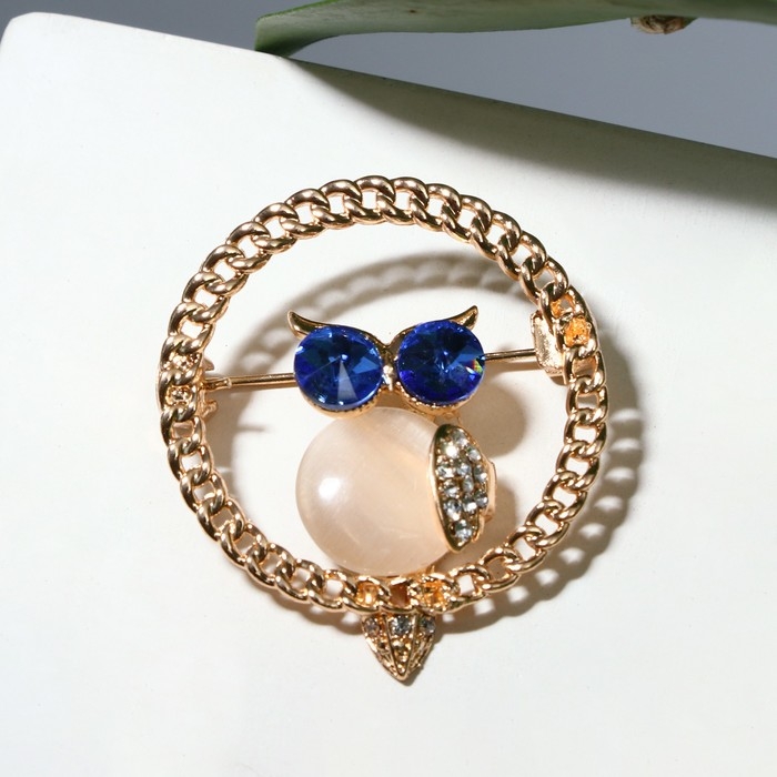 Брошь &laquo;Кошачий глаз&raquo; сова, цветная в золоте