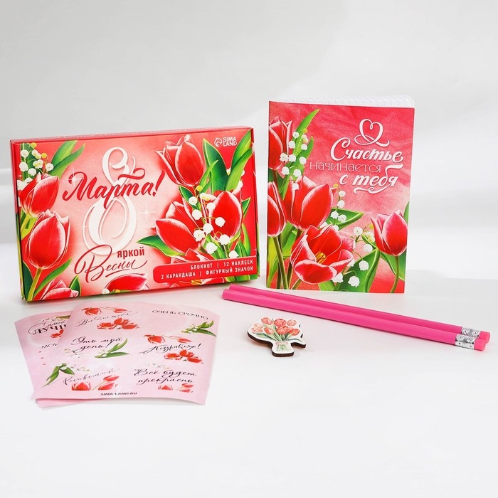 Подарочный набор &laquo;8 марта&raquo; блокнот А6, значок, наклейки и карандаши 2 шт