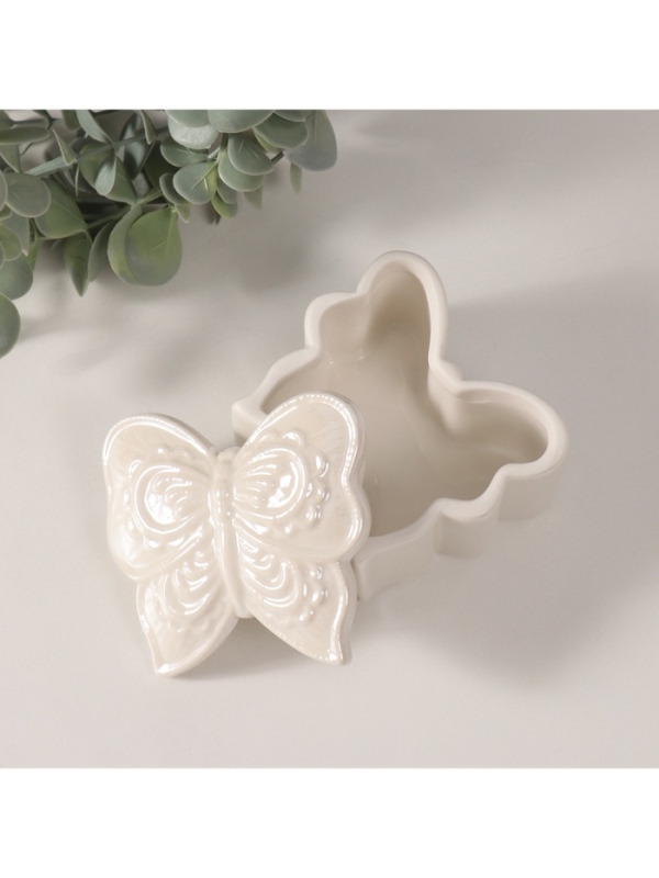 Шкатулка керамика "Бобочка фигурная" белый перламутр 7,3х7,3х4,5 см