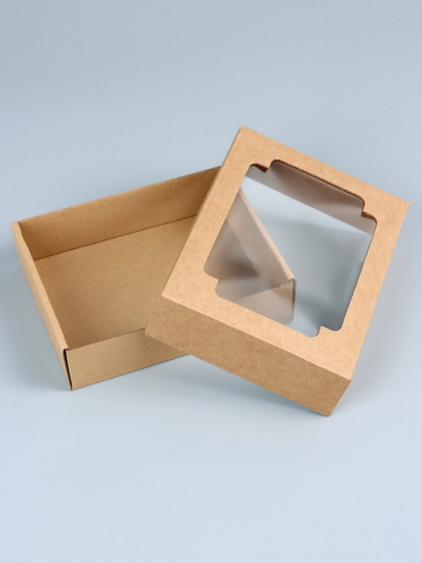 Коробка сборная без печати крышка-дно бурая с окном 18 х 15 х 5 см