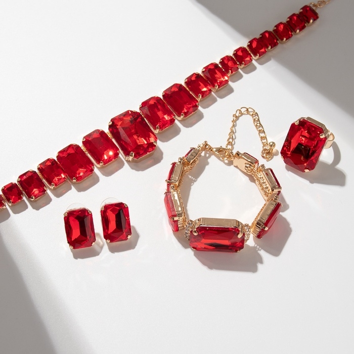 Набор 4 предмета: серьги, колье, браслет, кольцо &laquo;Вечерний&raquo; объём, красный в золоте