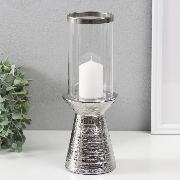 Подсвечник керамика, стекло на 1 свечу "Пустыня" d=8 см серебро 9,5х9,5х27 см