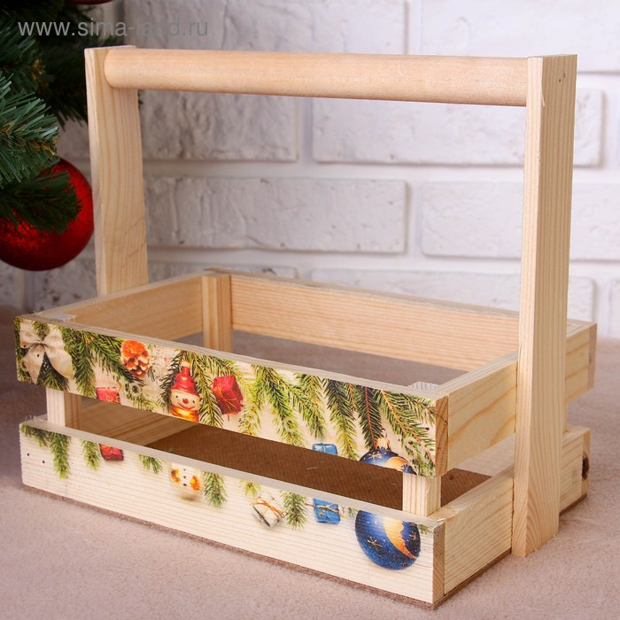 Набор кашпо деревянных Набор кашпо деревянных "Новогодний №3" 3 в 1, МАССИВ СОСНЫ, деревянная ручка, натуральный