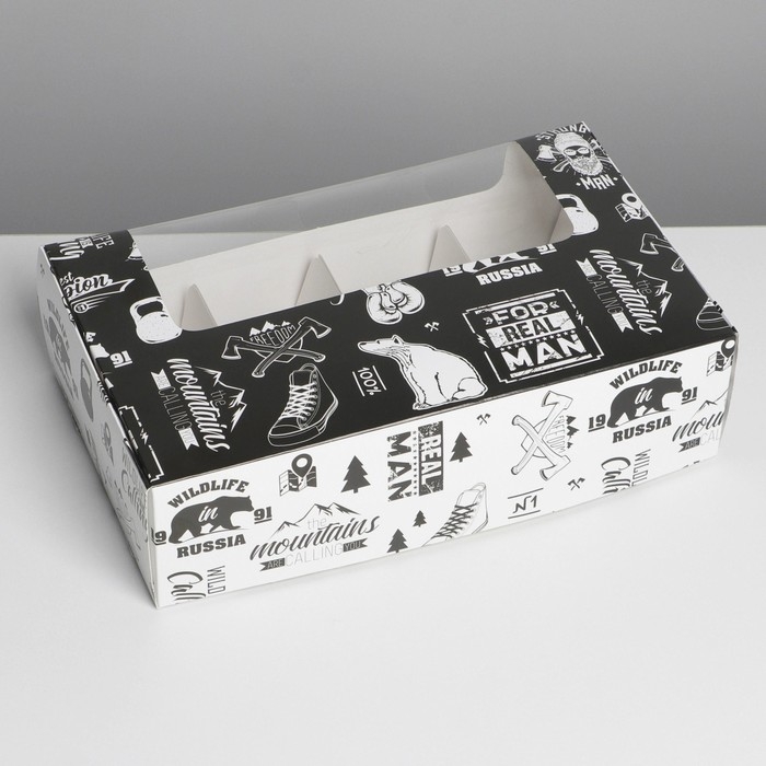 Коробка для эклеров, кондитерская упаковка, 5 вкладышей, MАN PATTERN, 25.2 х 15 х 7 см