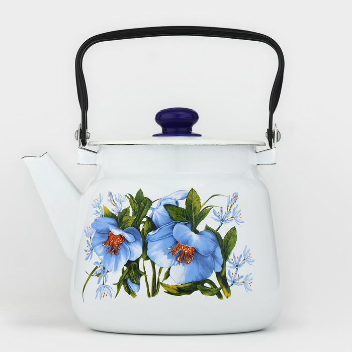 Чайник с кнопкой &laquo;Цветы синие&raquo;, 3,5 л, индукция, цвет белый