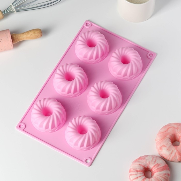 Форма для выпечки Доляна &laquo;Немецкий кекс&raquo;, силикон, 17&times;27 см, 6 ячеек (d=7 см), цвет розовый