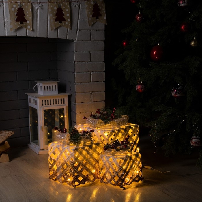 Светодиодная фигура &laquo;Белые плетёные подарки&raquo; 15, 20, 25 см, текстиль, металл, 220 В, свечение тёплое белое