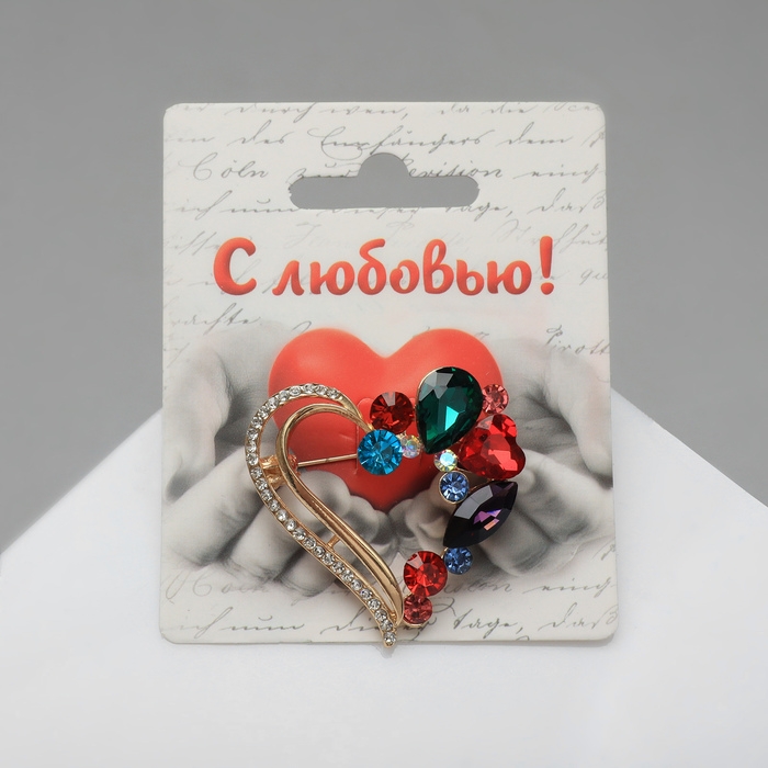 Брошь &laquo;Сердце&raquo; в камнях, цветная в золоте
