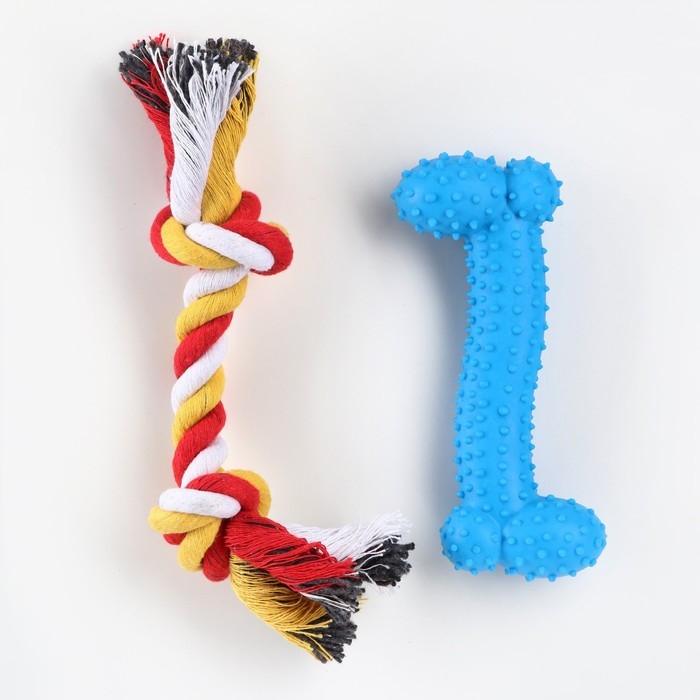 Набор игрушек для средних собак Набор игрушек для средних собак "Кость (16 см) и канат (90-100 г)", голубая