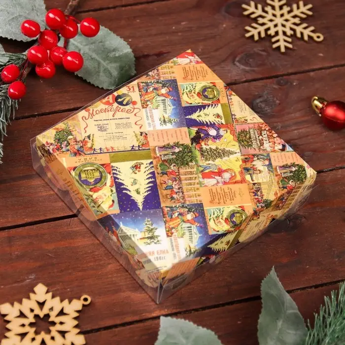 Коробка для печенья, кондитерская новогодняя упаковка, &laquo;Новогодняя афиша&raquo;, 12&times;12&times;3 см
