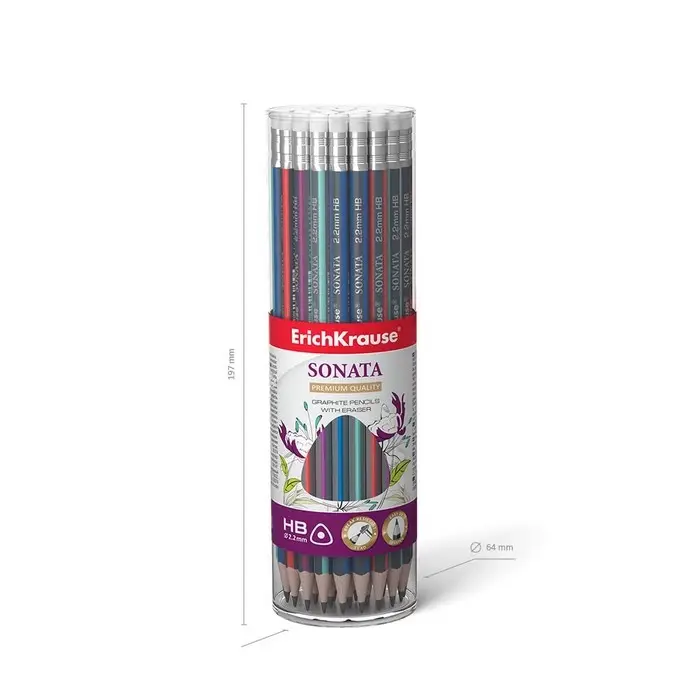 Карандаш чернографитный с ластиком ErichKrause "Sonata", HB, грифель d=2.2 мм, дерево, трёхгранный в тубусе, микс