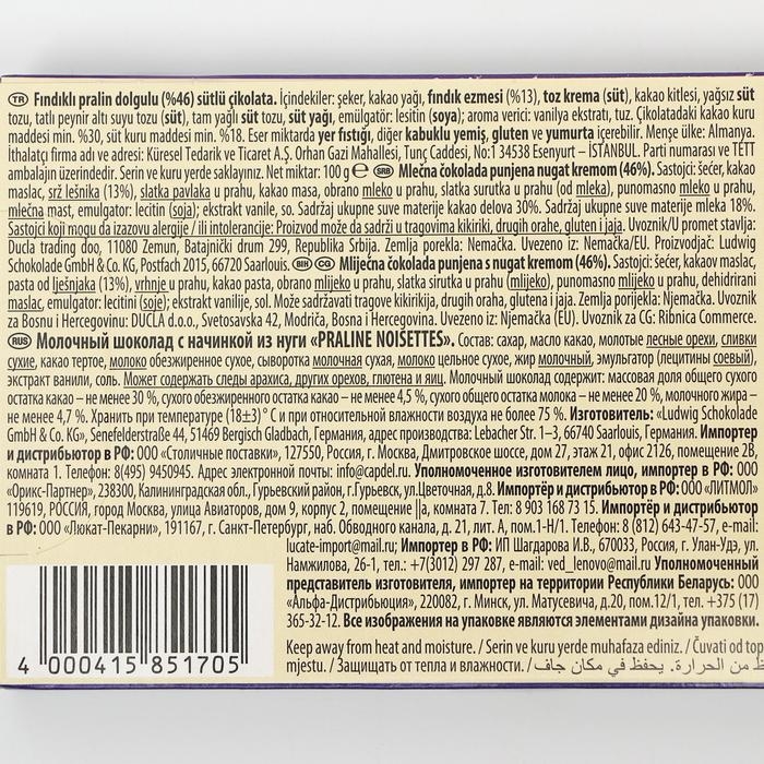 Шоколад молочный Schogetten Pralin&eacute; Noisettes Chocolate "Ореховое пралине", 100 г