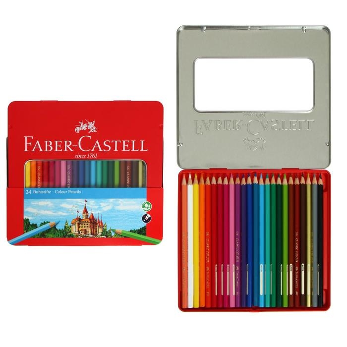 Карандаши 24 цвета Faber-Castell Карандаши 24 цвета Faber-Castell "Замок", шестигранный корпус, заточенные, в металлической коробке