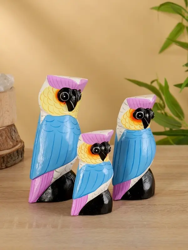 Набор сувенирный &laquo;Совы&raquo;, h=18 см, h=14.5 см, h=11 см, дерево, бело-синий