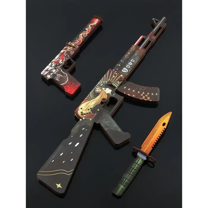 Набор сувенирное оружие &laquo;Красный с золотом&raquo;, автомат, пистолет с глушителем, нож-штык, 3 шт