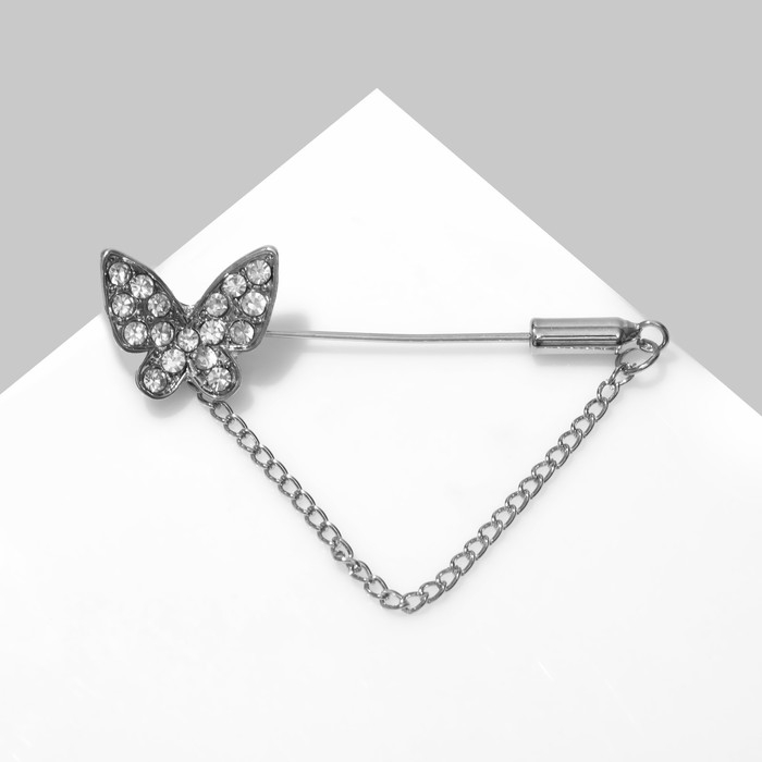 Булавка &laquo;Бабочка&raquo; с цепочкой, 5 см, цвет белый в серебре
