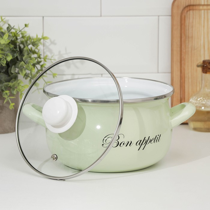 Кастрюля эмалированная &laquo;Лайм&raquo;, 3.1 л, стеклянная крышка, индукция, цвет светло-зелёный