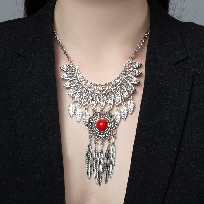 Колье &laquo;Ажурные перья&raquo; круг, цвет красный в чернёном серебре, 35 см