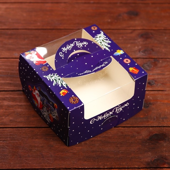 Новый год. Коробка новогодняя под бенто-торт с окном "Новогодняя ночь", 14 х 14 х 8 см.