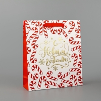 Пакет подарочный новогодний ламинированный &laquo;Новогодние леденцы&raquo;, тиснение, M 30 х 26 х 9 см, Новый год