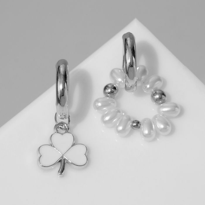 Серьги со съёмным элементом &laquo;Трансформер&raquo; клевер-сердце, цвет бело-бежевый в серебре