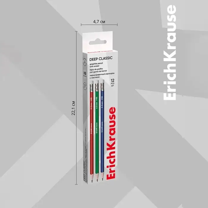 Карандаш чернографитный с ластиком ErichKrause "Deep Classic triangular", НВ, грифель d=2,2 мм, дерево, трехгранный в тубусе, микс