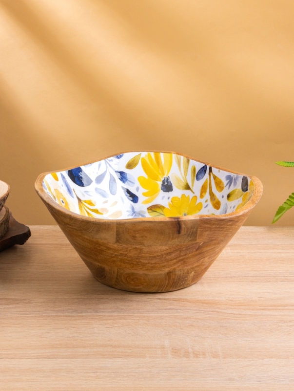 Салатник "Желтые и синие цветы" дерево манго 29х29х11 см