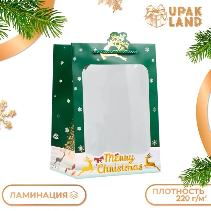 Пакет подарочный ламинированный с окном &laquo;Новый Год&raquo;, тиснение, 18&times;25&times;13 см, зеленый