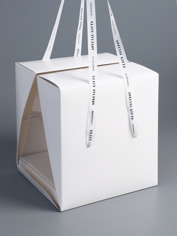 Коробка под бенто-торт с ленточками, белая , 21 х 21 х 25 см