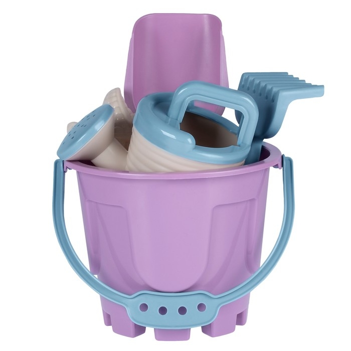 Песочный набор: ведро 1,2 л, лопатка,грабли,4 формочки, лейка 0,2 л, бледно-розовый