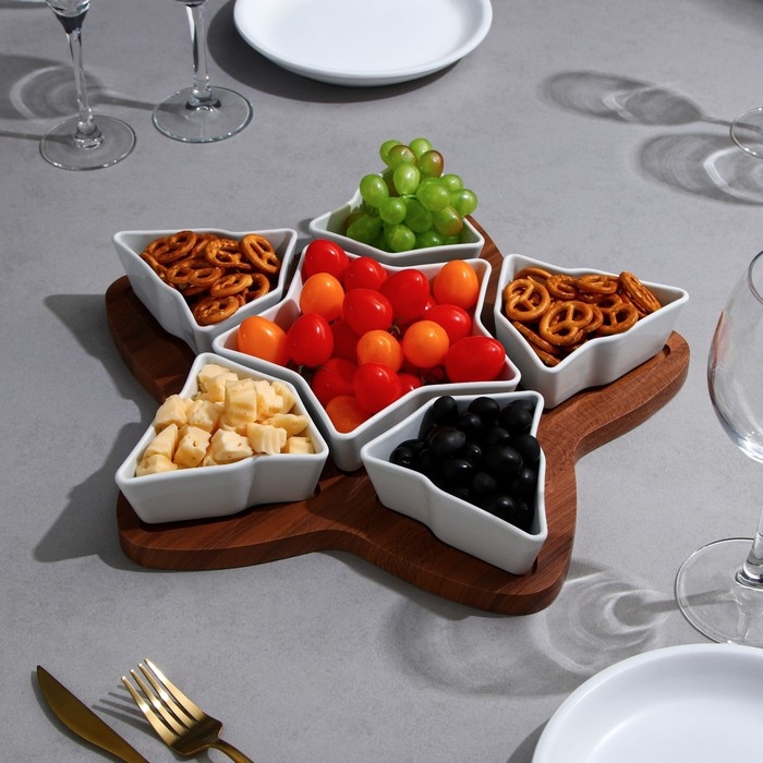 Менажница &laquo;Звезды&raquo;, 5 шт: 200 мл, 1 шт: 500 мл, деревянное основание, фарфор, Иран