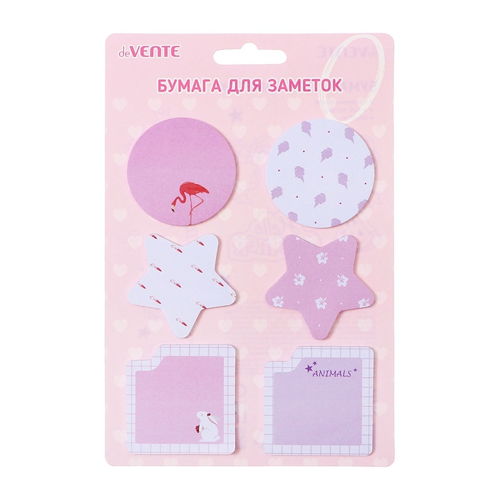 Набор клейкой бумаги для заметок "deVENTE. Flamingo&Rabbit" бумажные 45x45 мм, 6x20 листов, офсет 80 г/м&sup2;, ассорти форм, 6 дизайнов, в картонном блистере и пластиковом пакете с европодвесом