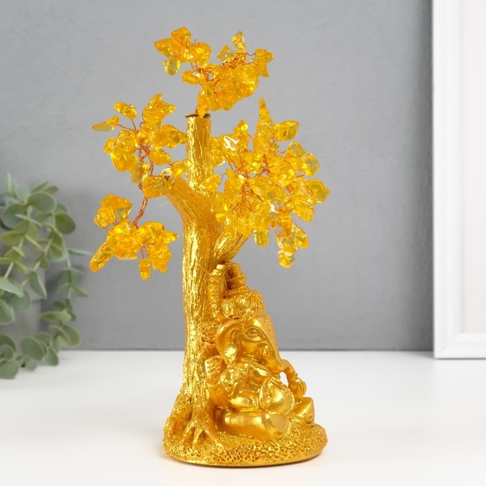 Сувенир бонсай "Ганеша у денежного дерева" жёлтый 120 камней 9х9х23,5 см