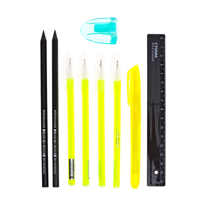 Набор канцелярский 10 предметов (Пенал-тубус 65 х 210 мм, ручки 4 штуки цвет синий , линейка 15 см, точилка, карандаш 2 штуки, текстовыделитель), серый