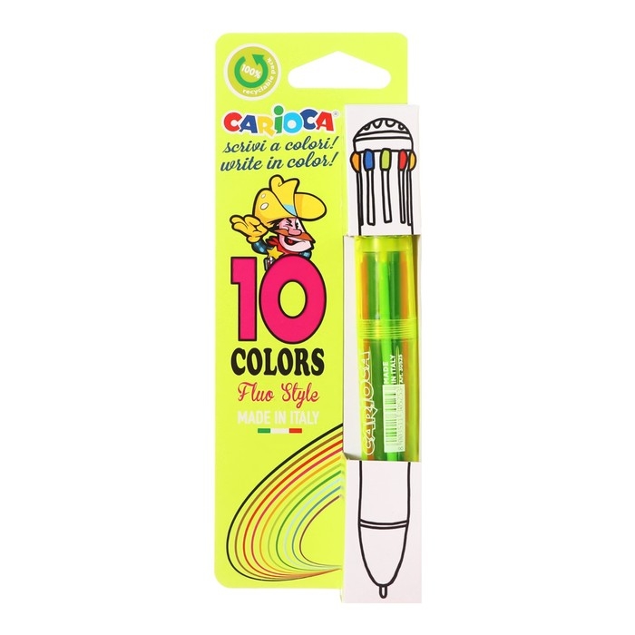 Ручка шариковая автоматическая, 10 цветов, "Carioca" "Fluo", узел 1.0 мм, флуоресцентная палитра, микс