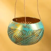 Подсвечник подвесной из кокоса, 10-13 см, бирюзово-золотой