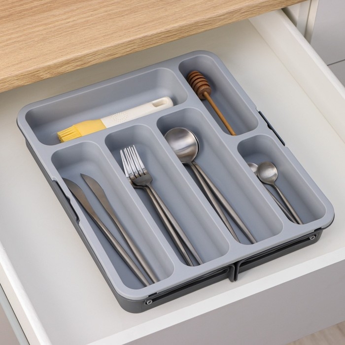 Лоток для столовых приборов, раздвижной, 31&times;35,5&times;5,5 см, 5 отделений, цвет серый
