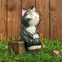 Сувенир дерево "Котёнок рыбак" серый 9х9х25 см