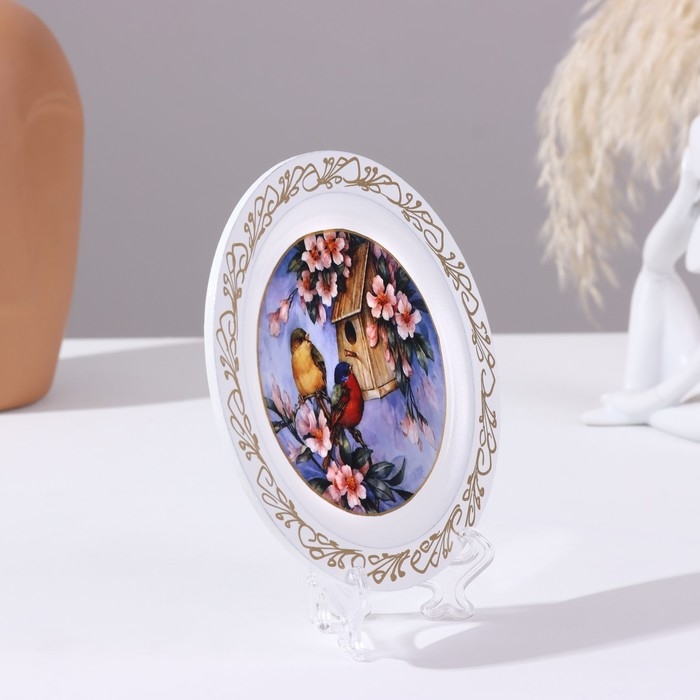 Панно-тарелка &laquo;Птицы и скворечник&raquo;, белая, D = 14,8 см, лаковая миниатюра