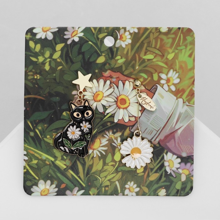 Серьги эмаль &laquo;Волшебство&raquo; кот и цветок, цветные в золоте