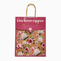 Пакет с клапаном &laquo;Цветы&raquo;, крафт, глиттер, 19,5 &times; 10 &times; 25.2 см