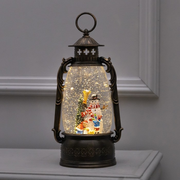 Светодиодная фигура &laquo;Фонарь с детьми и снеговиком&raquo; 15 &times; 30 &times; 12.5 см, пластик, батарейки ААх3 (не в комплекте), USB, свечение тёплое белое