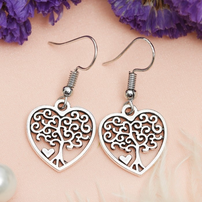 Серьги металл &laquo;Любовь&raquo; древо в сердце, цвет чернёное серебро