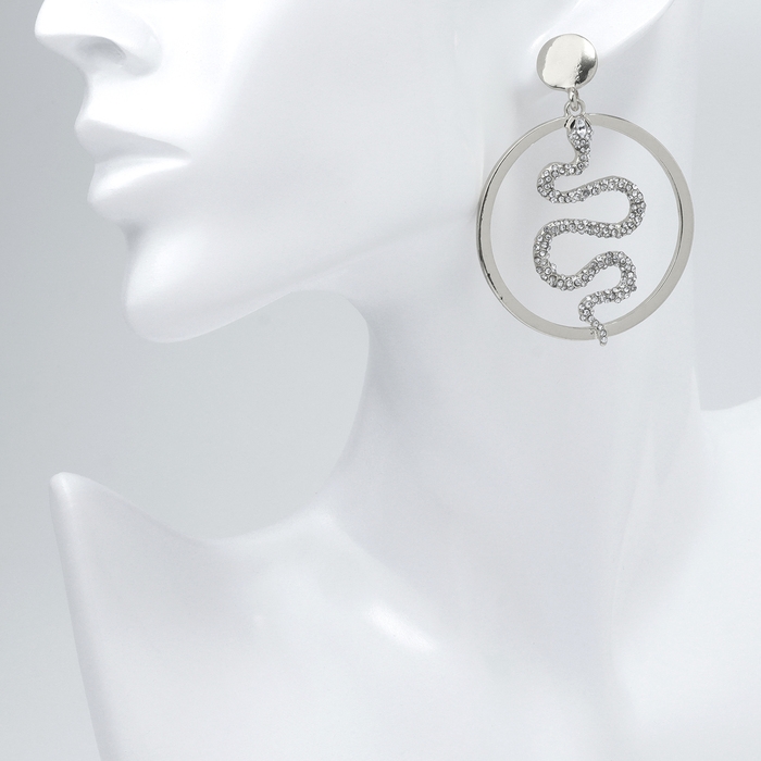 Новый год! Символ года 2025! Серьги со стразами &laquo;Змея&raquo; обаятельность, круг, цвет белый в серебре