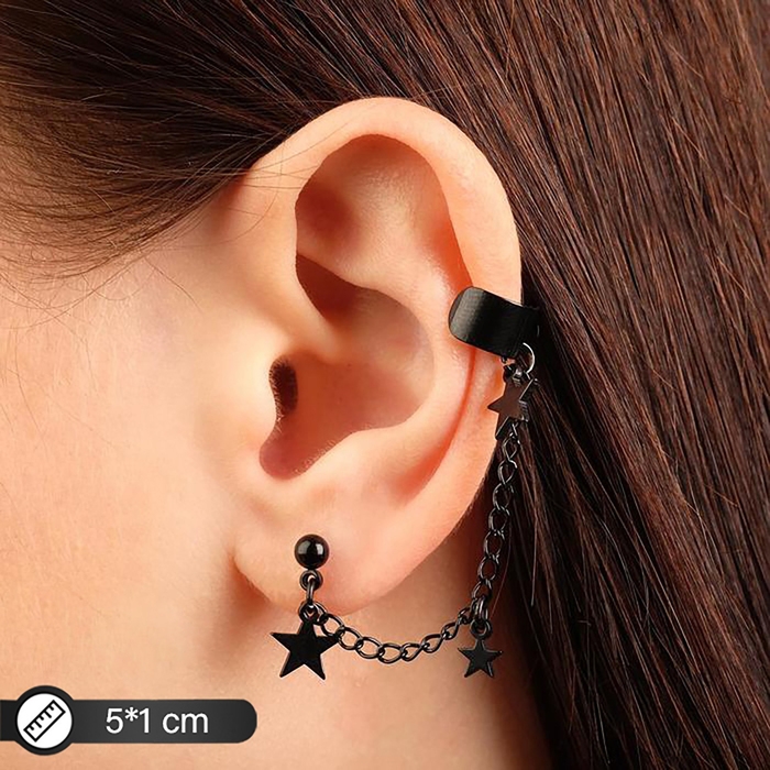 Серьга &laquo;Кафф&raquo; цепь со звездой, цвет чёрный