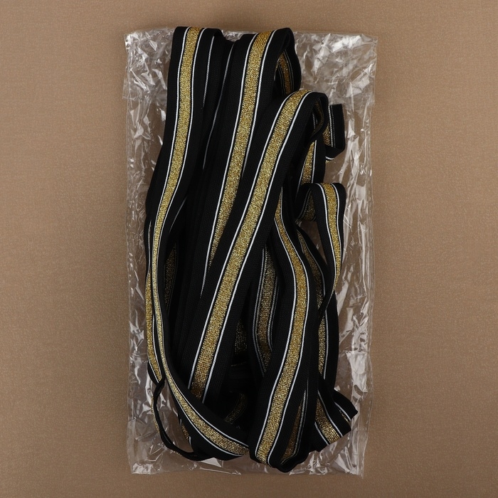 Тесьма трикотажная лампас 25 мм, 9,1 &plusmn; 0,5 м, цвет чёрный/золотой