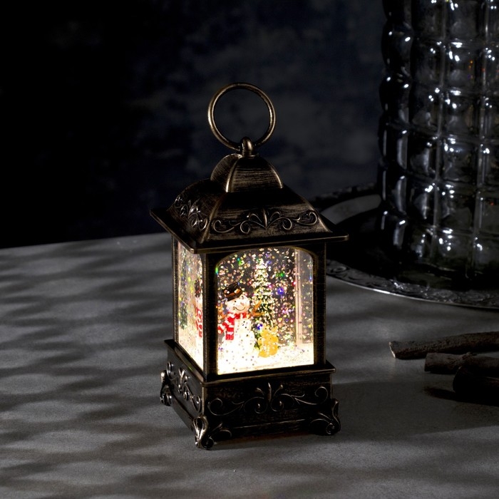 Светодиодная фигура &laquo;Фонарь со снеговиком&raquo; 7.5 &times; 13.5 &times; 7.5 см, пластик, блёстки, батарейки АААх3 (не в комплекте), свечение тёплое белое