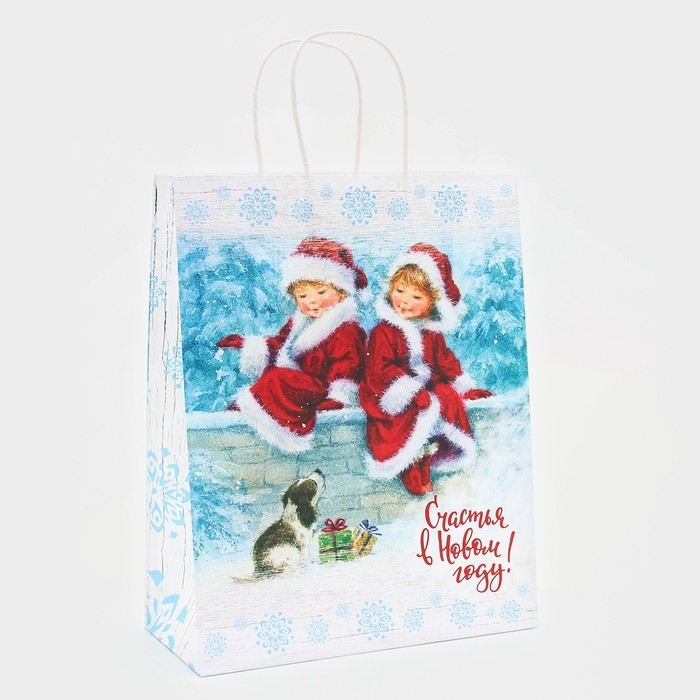 Новый год. Пакет бумажный подарочный новогодний крафт "В ожидание чуда" 32 х 26 х 11 см.