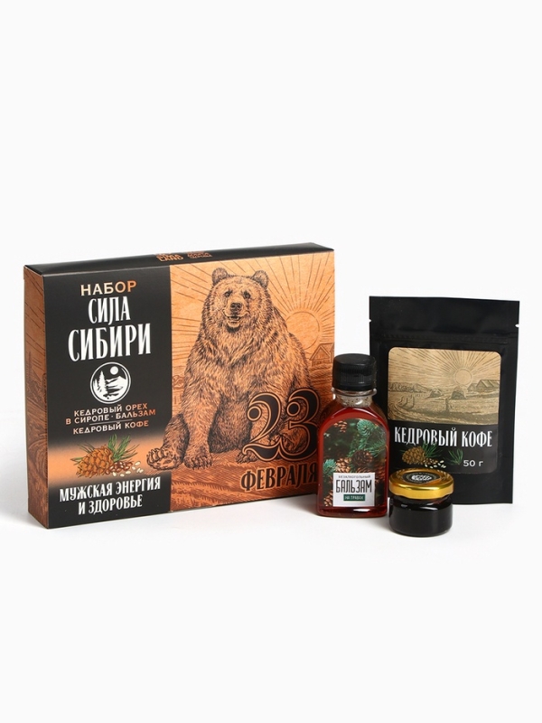Набор &laquo;Сила Сибири&raquo;: кедровый орех в сосновом сиропе 25 г., бальзам 100 мл., кедрокофе 50 г.
