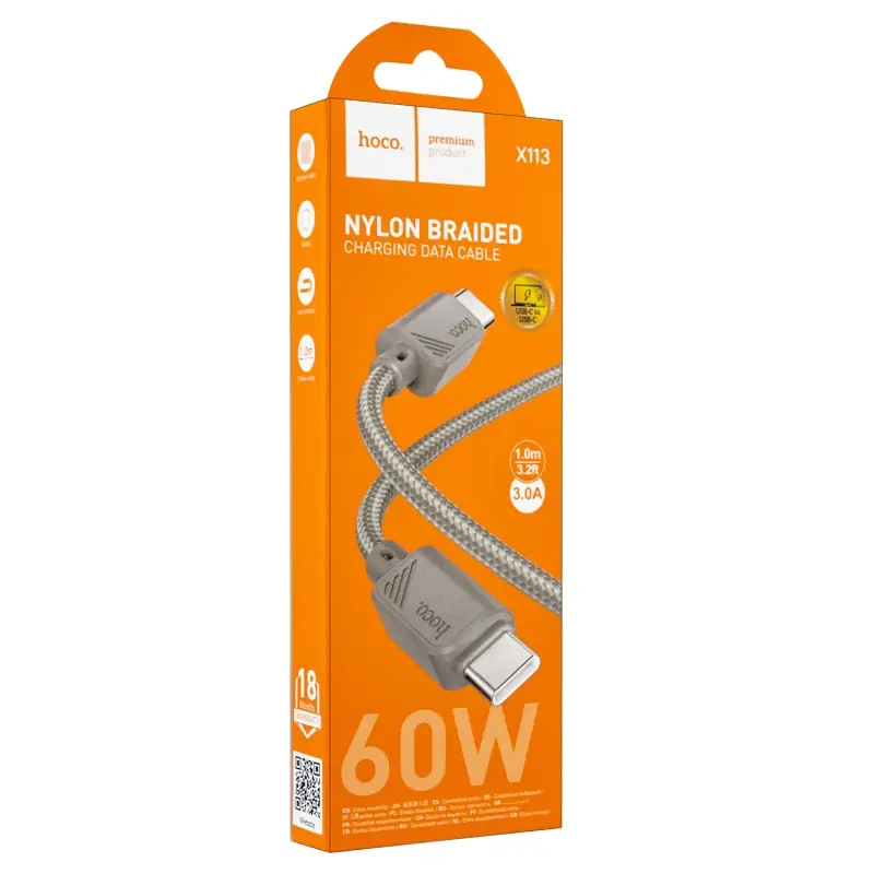Кабель X113 Type-C на Type-C 1M 3A 60W HOCO серый